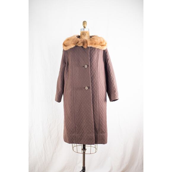 Vintage 60s Brown Wool Overcoat, Textured Coat Mink Fur Collar Glam Old Money, M - Picture 4 of 11